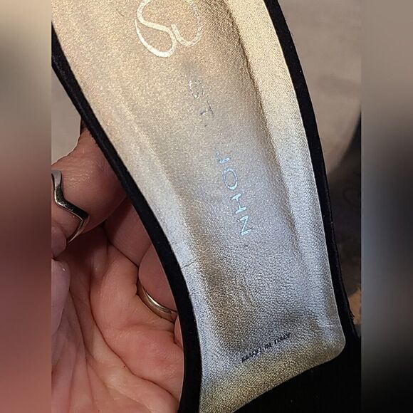 St. John Odessa Satin Mules, Crystal Buckle Black & Gold Heels | 8B - Picture 7 of 14